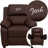 Personalized Deluxe Padded Brown Leather Kids Recliner with Storage Arms