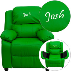 Personalized Deluxe Padded Green Vinyl Kids Recliner with Storage Arms