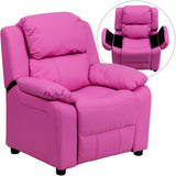 Deluxe Padded Contemporary Hot Pink Vinyl Kids Recliner with Storage Arms