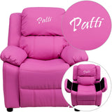 Personalized Deluxe Padded Hot Pink Vinyl Kids Recliner with Storage Arms