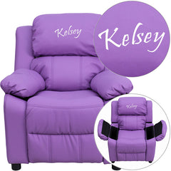 Personalized Deluxe Padded Lavender Vinyl Kids Recliner with Storage Arms