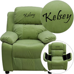 Personalized Deluxe Padded Avocado Microfiber Kids Recliner with Storage Arms