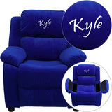 Personalized Deluxe Padded Blue Microfiber Kids Recliner with Storage Arms