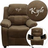 Personalized Deluxe Padded Brown Microfiber Kids Recliner with Storage Arms