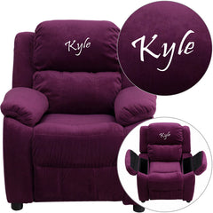 Personalized Deluxe Padded Purple Microfiber Kids Recliner with Storage Arms