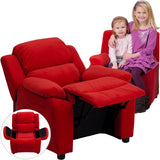 Deluxe Padded Contemporary Red Microfiber Kids Recliner with Storage Arms