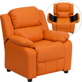 Deluxe Padded Contemporary Orange Vinyl Kids Recliner with Storage Arms