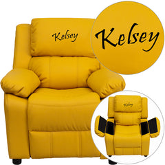 Personalized Deluxe Padded Yellow Vinyl Kids Recliner with Storage Arms