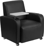 Black Leather Guest Chair with Tablet Arm, Front Wheel Casters and Cup Holder