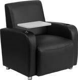Black Leather Guest Chair with Tablet Arm, Chrome Legs and Cup Holder