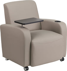 Gray Leather Guest Chair with Tablet Arm, Front Wheel Casters and Cup Holder