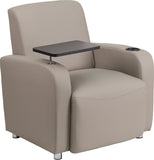 Gray Leather Guest Chair with Tablet Arm, Chrome Legs and Cup Holder