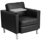 Black Leather Guest Chair with Tablet Arm, Tall Chrome Legs and Cup Holder