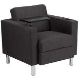 Charcoal Gray Fabric Guest Chair with Tablet Arm, Tall Chrome Legs and Cup Holder