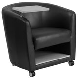 Black Leather Guest Chair with Tablet Arm, Front Wheel Casters and Under Seat Storage