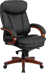 High Back Black Leather Executive Swivel Office Chair with Synchro-Tilt Mechanism and Mahogany Wood Base
