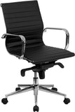 Mid-Back Black Ribbed Upholstered Leather Swivel Conference Chair