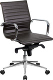 Mid-Back Brown Ribbed Upholstered Leather Swivel Conference Chair