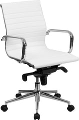 Mid-Back White Ribbed Upholstered Leather Swivel Conference Chair