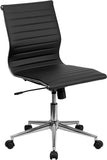 Mid-Back Armless Black Ribbed Upholstered Leather Swivel Conference Chair
