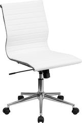 Mid-Back Armless White Ribbed Upholstered Leather Swivel Conference Chair