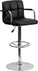 Contemporary Black Quilted Vinyl Adjustable Height Barstool with Arms and Chrome Base