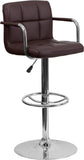 Contemporary Brown Quilted Vinyl Adjustable Height Barstool with Arms and Chrome Base