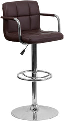 Contemporary Brown Quilted Vinyl Adjustable Height Barstool with Arms and Chrome Base
