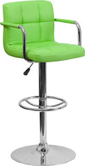 Contemporary Green Quilted Vinyl Adjustable Height Barstool with Arms and Chrome Base