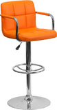 Contemporary Orange Quilted Vinyl Adjustable Height Barstool with Arms and Chrome Base