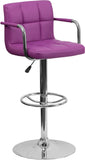 Contemporary Purple Quilted Vinyl Adjustable Height Barstool with Arms and Chrome Base