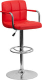 Contemporary Red Quilted Vinyl Adjustable Height Barstool with Arms and Chrome Base
