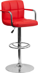 Contemporary Red Quilted Vinyl Adjustable Height Barstool with Arms and Chrome Base