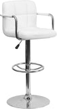 Contemporary White Quilted Vinyl Adjustable Height Barstool with Arms and Chrome Base