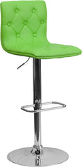 Contemporary Tufted Green Vinyl Adjustable Height Barstool with Chrome Base