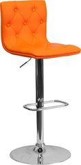 Contemporary Tufted Orange Vinyl Adjustable Height Barstool with Chrome Base