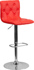 Contemporary Tufted Red Vinyl Adjustable Height Barstool with Chrome Base