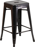24'' High Backless Black-Antique Gold Metal Indoor-Outdoor Counter Height Stool with Square Seat