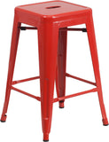 24'' High Backless Red Metal Indoor-Outdoor Counter Height Stool with Square Seat