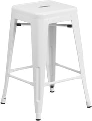 24'' High Backless White Metal Indoor-Outdoor Counter Height Stool with Square Seat