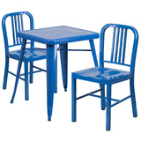 Blue Metal Indoor-Outdoor Table Set with 2 Vertical Slat Back Chairs