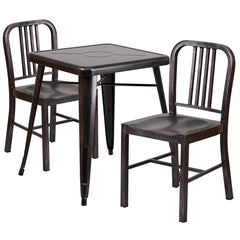 Black-Antique Gold Metal Indoor-Outdoor Table Set with 2 Vertical Slat Back Chairs