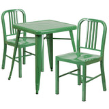 Green Metal Indoor-Outdoor Table Set with 2 Vertical Slat Back Chairs