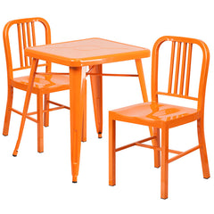 Orange Metal Indoor-Outdoor Table Set with 2 Vertical Slat Back Chairs