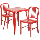 Red Metal Indoor-Outdoor Table Set with 2 Vertical Slat Back Chairs