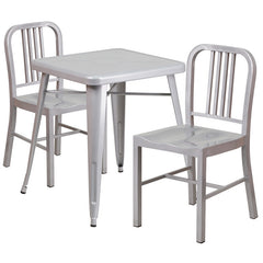 Silver Metal Indoor-Outdoor Table Set with 2 Vertical Slat Back Chairs