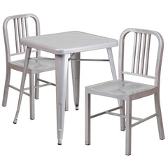 Silver Metal Indoor-Outdoor Table Set with 2 Vertical Slat Back Chairs