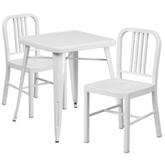 White Metal Indoor-Outdoor Table Set with 2 Vertical Slat Back Chairs