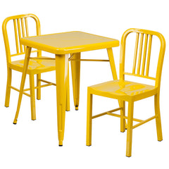 Yellow Metal Indoor-Outdoor Table Set with 2 Vertical Slat Back Chairs
