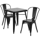 Black Metal Indoor-Outdoor Table Set with 2 Stack Chairs